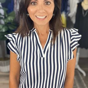 NAVY & WHITE STRIPED SLEEVELESS BLOUSE (M, L)